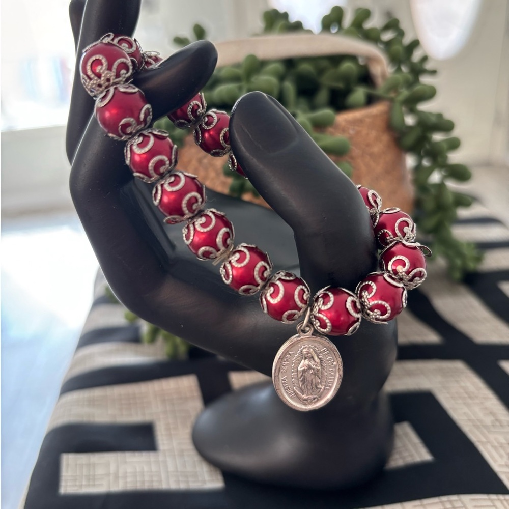 Red and Silver Beaded Religious Bracelet